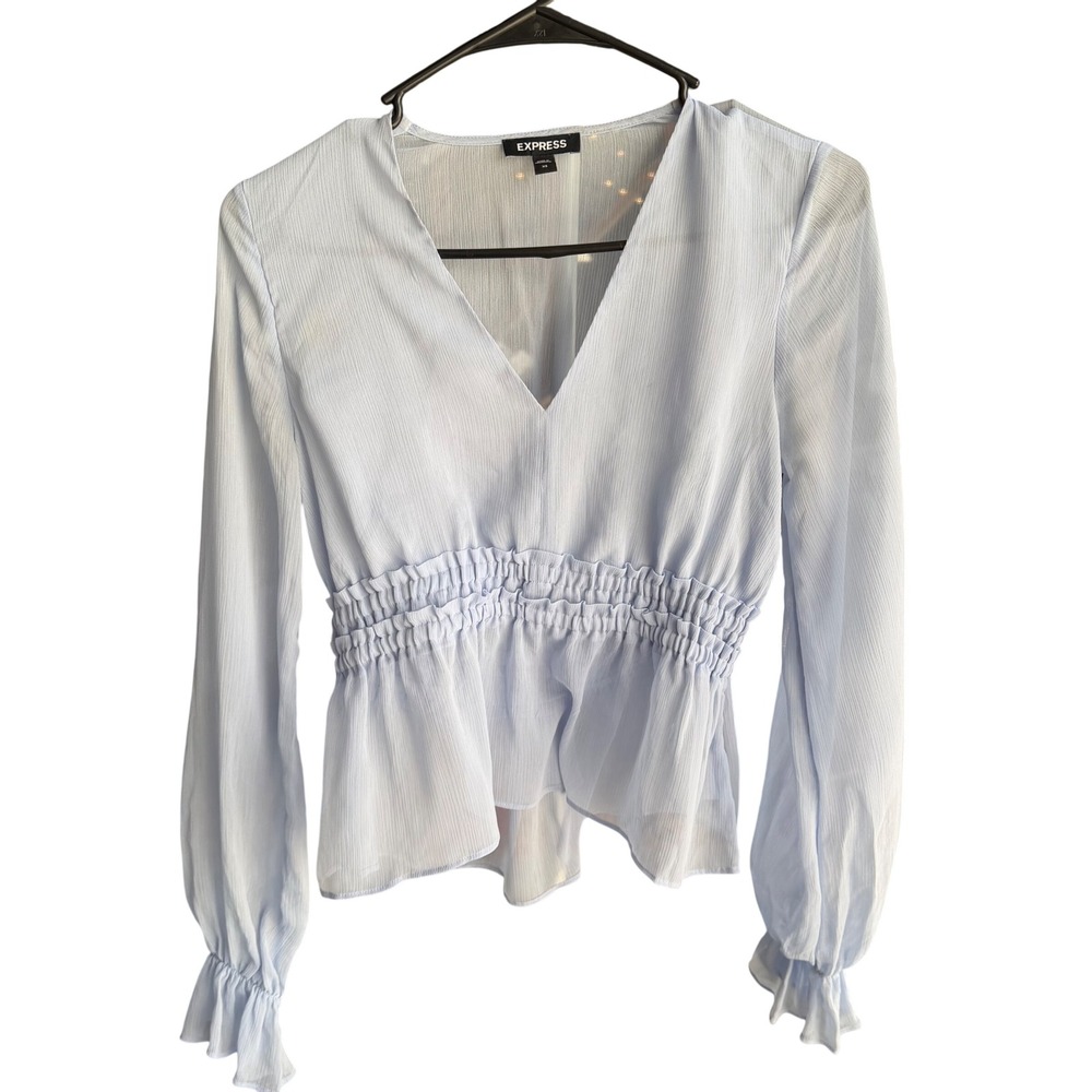Express Light Blue Chiffon V-Neck Smocked‎ Waist Peplum Blouse XS Long Sleeve